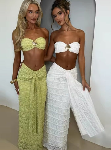Weird Puss Elegant Women 2piece Set Sexy See Through Thin Tierred Y2K Seashell Tube Top+Wrapped Bandage Skirts Matching Clubwear
