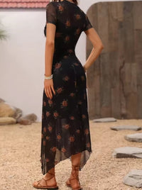 Goth Dark Elegant Fashion Florals Print Short Sleeve Mid Dress Fairy Grunge Mesh Patchwork Double Layer Dresses Gothic Techwear
