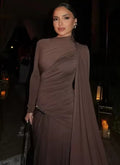 ashion Brown Pleated Long Sleeve Dress Women Elegant O-neck Bodycon Prom Robes 2025 New Summer Lady Street Party Dresses
