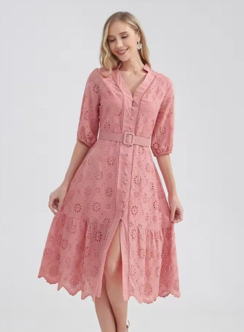Marwin Cotton Hollow Out Summer Dress Women Holiday Perppy Casual High Waist Ruffled Mini V-Neck Dresses A-line Frills Vestido