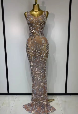 Women Lxury Diamonds Mesh See Through Long Dress Celebrity Elegant Evening Party Fancy Club Dress Singer Performance Costume
