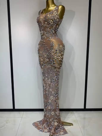 Women Lxury Diamonds Mesh See Through Long Dress Celebrity Elegant Evening Party Fancy Club Dress Singer Performance Costume