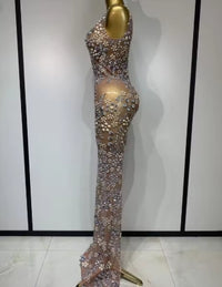 Women Lxury Diamonds Mesh See Through Long Dress Celebrity Elegant Evening Party Fancy Club Dress Singer Performance Costume