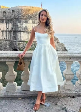 2025 Women's Dresses Pink Elegant and Pretty Midi White Vacation Dress Spaghetti Strap Beach Dress A Line Party Dresses