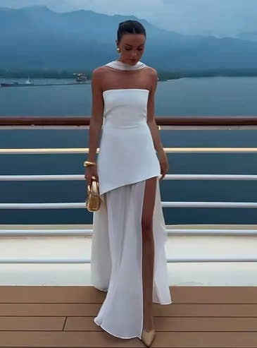 White Mesh Scarf Neck Strapless Long Dress Fashion Off Shoulder Sleeveless High Waist Slim Split Robe Lady Party Beach Gown 2025