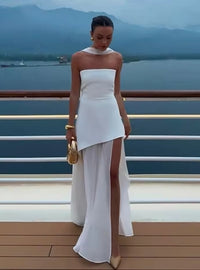 White Mesh Scarf Neck Strapless Long Dress Fashion Off Shoulder Sleeveless High Waist Slim Split Robe Lady Party Beach Gown 2025