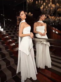 White Mesh Scarf Neck Strapless Long Dress Fashion Off Shoulder Sleeveless High Waist Slim Split Robe Lady Party Beach Gown 2025