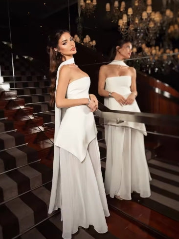 White Mesh Scarf Neck Strapless Long Dress Fashion Off Shoulder Sleeveless High Waist Slim Split Robe Lady Party Beach Gown 2025