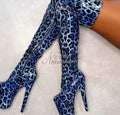 Blue leopard 20cm over the Knee Long Boots Platform 8inch High Heels Pole Dance Shoes Exotic Stripper Clubbing Lace Up thin legs