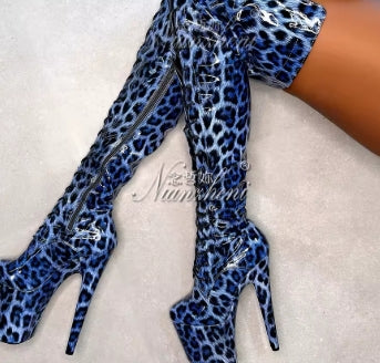 Blue leopard 20cm over the Knee Long Boots Platform 8inch High Heels Pole Dance Shoes Exotic Stripper Clubbing Lace Up thin legs