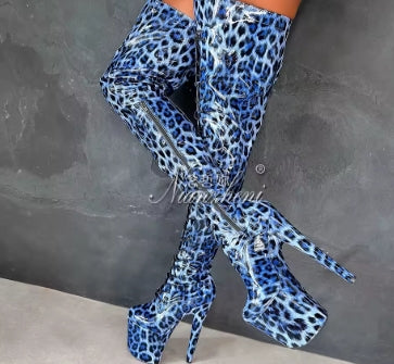 Blue leopard 20cm over the Knee Long Boots Platform 8inch High Heels Pole Dance Shoes Exotic Stripper Clubbing Lace Up thin legs