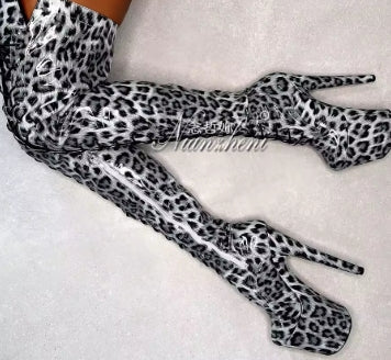 Blue leopard 20cm over the Knee Long Boots Platform 8inch High Heels Pole Dance Shoes Exotic Stripper Clubbing Lace Up thin legs