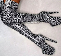 Blue leopard 20cm over the Knee Long Boots Platform 8inch High Heels Pole Dance Shoes Exotic Stripper Clubbing Lace Up thin legs