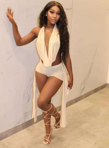 Weird Puss Elegant Women 2 Piece Set Halter Swing Collar Backless Sexy Tank Tops+Side Tassel Shorts Matching Clubwear Outfits