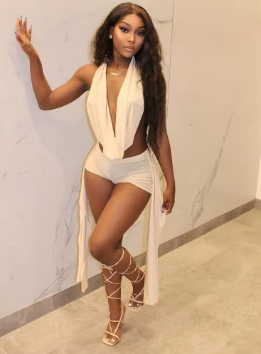 Weird Puss Elegant Women 2 Piece Set Halter Swing Collar Backless Sexy Tank Tops+Side Tassel Shorts Matching Clubwear Outfits