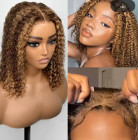 Deep Wave Honey Blonde Glueless Bob Wigs Human Hair Pre Plucked Pre Cut Highlight Wear and Go Curly Wigs Ombre HD Lace Front Wig