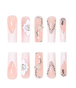 24 Pcs Long French Flower Drill Chain Nails with File Strip 1 and Jelly Glue 1