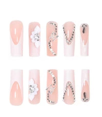 24 Pcs Long French Flower Drill Chain Nails with File Strip 1 and Jelly Glue 1