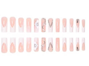 24 Pcs Long French Flower Drill Chain Nails with File Strip 1 and Jelly Glue 1
