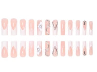 24 Pcs Long French Flower Drill Chain Nails with File Strip 1 and Jelly Glue 1