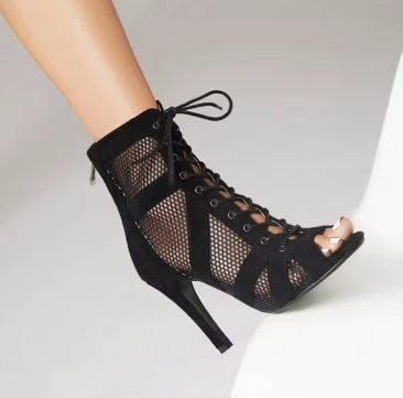 Women Latin Dance Shoes Black Boots High-Top High Heels Salsa Sandals Mesh Tango Boots Ladies Woman Party Ballroom Dance Shoes