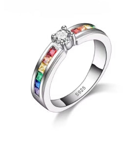 Rainbow cubic zircon rings for women, 100% Genuine 925 Sterling Silver, charming engagement proposal ring accessory for wedding