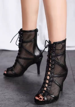 Latin Dance Shoes Women Fish Mouth Ballroom Dancing Boots Red Mesh Stilettos High Heels Salsa Sandals Adjustable Instep Zip Shoe
