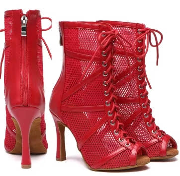 Latin Dance Shoes Women Fish Mouth Ballroom Dancing Boots Red Mesh Stilettos High Heels Salsa Sandals Adjustable Instep Zip Shoe