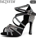 DKZSYIM Rhinestone Women Latin Dance Shoes Latin Salsa Girl Dancing Shoes Black Shiny Ballroom Dance Shoes For Girls Ladies