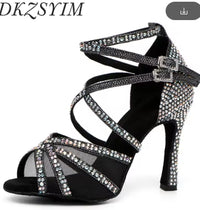 DKZSYIM Rhinestone Women Latin Dance Shoes Latin Salsa Girl Dancing Shoes Black Shiny Ballroom Dance Shoes For Girls Ladies