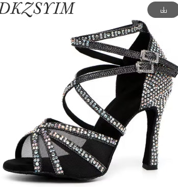 DKZSYIM Rhinestone Women Latin Dance Shoes Latin Salsa Girl Dancing Shoes Black Shiny Ballroom Dance Shoes For Girls Ladies