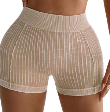 Women Yoga Tights Shorts Activewear Striped Ribbed High Waist Ruched V-Back Waistband Sports Shorts Running Cycling Gym Fitness