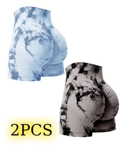 2pcs Tie Dye Butt Lift Gym Shorts Sexy Skinny Woman Stretch High Waist Sports Shorts Casual Seamless