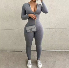 Sexy sports jumpsuits for women, fashionable fitted long sleeve plain rompers, fitted casual streetwear for Fitness, female set