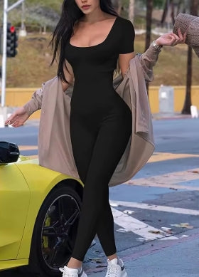 Women's short sleeve fitted jumpsuits, solid fitted jumpsuits, sportswear, Fitness, casual, streetwear activity