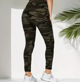 Women's high stretch casual tight gray and green camouflage leggings, nine-point skinny pants Retro sporty and sexy for Fitness