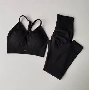 Seamless Hip Lift Fitness Set Women's V-Neck Bra Leggings Yoga Set Quick Dry Exercise Iron Massage High Fat Tight Pant