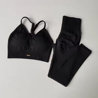 Seamless Hip Lift Fitness Set Women's V-Neck Bra Leggings Yoga Set Quick Dry Exercise Iron Massage High Fat Tight Pant