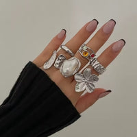 Ingemark 2025 nuevo Irregular exagerado Metal flor anillos abiertos mujeres elegante barroco perla de imitación anillo accesorios de joyería