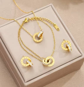 4pcs/set of Gold Color Stainless Steel Crystal Necklace, Bracelet, Earrings for Women, Interlocking Circles, Roman Numeral Jewelry Sets