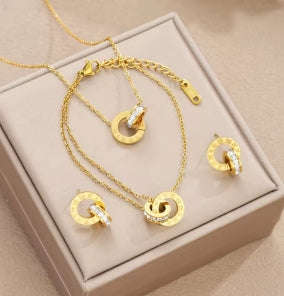 4pcs/set of Gold Color Stainless Steel Crystal Necklace, Bracelet, Earrings for Women, Interlocking Circles, Roman Numeral Jewelry Sets
