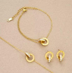 4pcs/set of Gold Color Stainless Steel Crystal Necklace, Bracelet, Earrings for Women, Interlocking Circles, Roman Numeral Jewelry Sets