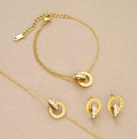 4pcs/set of Gold Color Stainless Steel Crystal Necklace, Bracelet, Earrings for Women, Interlocking Circles, Roman Numeral Jewelry Sets