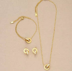 4pcs/set of Gold Color Stainless Steel Crystal Necklace, Bracelet, Earrings for Women, Interlocking Circles, Roman Numeral Jewelry Sets