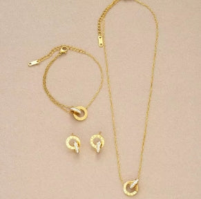 4pcs/set of Gold Color Stainless Steel Crystal Necklace, Bracelet, Earrings for Women, Interlocking Circles, Roman Numeral Jewelry Sets