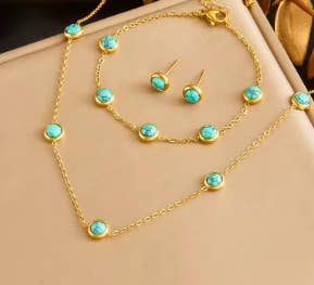 DIEYURO 316L Stainless Steel Round Turquoise Necklace Bracelet Earrings Suit for Women 2024 New Trend Fadeless Jewelry Set