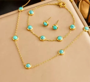 DIEYURO 316L Stainless Steel Round Turquoise Necklace Bracelet Earrings Suit for Women 2024 New Trend Fadeless Jewelry Set
