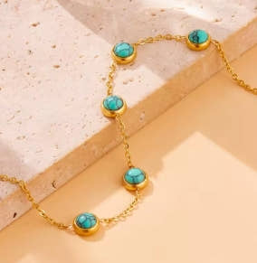 DIEYURO 316L Stainless Steel Round Turquoise Necklace Bracelet Earrings Suit for Women 2024 New Trend Fadeless Jewelry Set