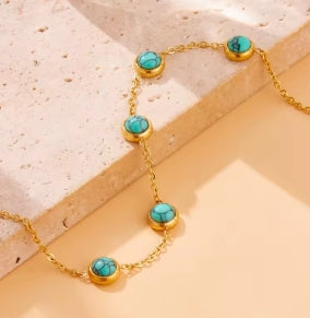 DIEYURO 316L Stainless Steel Round Turquoise Necklace Bracelet Earrings Suit for Women 2024 New Trend Fadeless Jewelry Set
