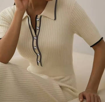 YuooMuoo Brand Fashion Knit Sweater Dress Women Spring Summer Ribbed Contrast Short Sleeve Lapel Gown Dress Ladies Long Dresses